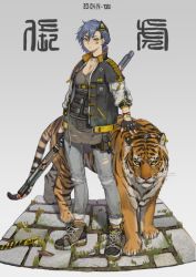 Rule 34 | 1girl, animal, black gloves, blue hair, breasts, choker, cleavage, gloves, green eyes, holding, holding weapon, jacket, jewelry, looking at viewer, necklace, original, tiger, torn clothes, weapon, youzu (youzuyozu)