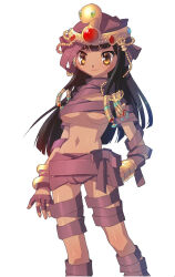 Rule 34 | 1girl, ancient mummy, bandages, black hair, blue gemstone, blunt bangs, blush, breasts, brown eyes, closed mouth, commentary request, crown, dark-skinned female, dark skin, feet out of frame, gem, genderswap, genderswap (mtf), korean commentary, long hair, looking at viewer, matsuki ringo, medium breasts, midriff, mixed-language commentary, mummy, navel, official art, ragnarok online, red gemstone, simple background, smile, solo, tan, underboob, white background