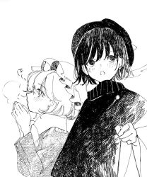 Rule 34 | 2girls, breath, capelet, cold, commentary, fedora, from side, greyscale, hat, hat ribbon, jacket, long sleeves, maribel hearn, mob cap, monochrome, multiple girls, open mouth, own hands together, ribbon, ryokotyu, scarf, striped clothes, striped scarf, touhou, usami renko, winter