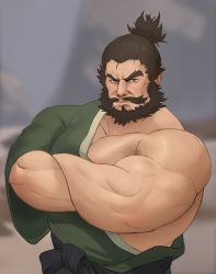 Rule 34 | 1boy, absurdres, bara, beard, brown hair, character request, check character, facial hair, green kimono, hadanugi dousa, highres, japanese clothes, kimono, large pectorals, looking at viewer, male focus, mature male, muscular, muscular male, mustache, old, old man, open clothes, open kimono, pectoral cleavage, pectorals, romance of the three kingdoms, shin sangoku musou, short hair, sideburns, solo, tevit (tevit15), thick eyebrows, upper body, zhang fei (romance of the three kingdoms)