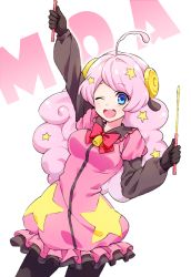 Rule 34 | 10s, 1girl, ;d, ahoge, animal ears, arm up, black gloves, blush, cow ears, gloves, highres, long hair, moa (show by rock!!), one eye closed, open mouth, pantyhose, pink hair, sheep ears, show by rock!!, simple background, smile, solo, star (symbol), tokki