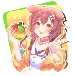 Rule 34 | animal ears, apple, blue bow, bone hair ornament, bow, braid, breasts, brown hair, cartoon bone, cleavage, collar, collarbone, cropped torso, dog ears, dress, food, fruit, hair ornament, hair over shoulder, hands up, highres, holding, holding food, holding fruit, hololive, inugami korone, inugami korone (1st costume), ittokyu, jacket, long hair, long sleeves, looking at viewer, medium breasts, off shoulder, open clothes, open jacket, red bow, red collar, signature, solo, star (symbol), twin braids, upper body, v, virtual youtuber, white dress, yellow jacket