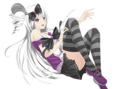 Rule 34 | 1girl, :d, bare shoulders, camera, hair ribbon, legs up, long hair, open mouth, original, purple eyes, ribbon, rizky (strated), side ponytail, silver hair, skirt, smile, solo, striped clothes, striped thighhighs, thighhighs
