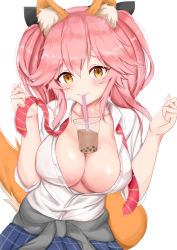 Rule 34 | 1girl, absurdres, animal ear fluff, animal ears, blush, breasts, bubble tea, bubble tea challenge, cleavage, clothes around waist, commentary, commentary request, cup, disposable cup, drink, drinking, drinking straw, fate/extella, fate/extra, fate/grand order, fate (series), fox ears, fox girl, fox tail, highres, jacket, jacket around waist, kuro (blackpgmickey), large breasts, long hair, looking at viewer, meme, no bra, object on breast, official alternate costume, open clothes, pink hair, school uniform, shirt, simple background, skirt, smile, solo, standing, tail, tamamo (fate), tamamo no mae (jk) (fate), twintails, unbuttoned, upper body, white background, yellow eyes