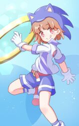 Rule 34 | 1girl, atari (puyopuyo), blue background, blue headwear, blue shorts, blue socks, cosplay, gloves, gold ring, highres, jazz grace, licking lips, looking at viewer, puyopuyo, puyopuyo quest, red eyes, red footwear, shirt, short hair, short sleeves, shorts, smile, socks, solo, sonic (series), sonic the hedgehog, sonic the hedgehog (cosplay), tongue, tongue out, white gloves, white shirt