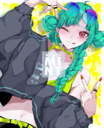 Rule 34 | 1girl, belt, braid, earrings, eyewear on head, fingernails, goma irasuto, green belt, green hair, highres, jewelry, low twintails, nail polish, one eye closed, original, red eyes, ring, stomach, sunglasses, tongue, tongue out, twin braids, twintails