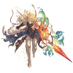 Rule 34 | 1boy, armor, armored boots, belt, blonde hair, body armor, boots, clenched teeth, dragon tail, fire, full body, granblue fantasy, hair between eyes, holding, holding polearm, holding shield, holding spear, holding weapon, long hair, looking at viewer, male focus, naoise, official art, polearm, red eyes, shield, shoulder armor, solo, spear, spiked armor, standing, tail, teeth, torn clothes, transparent background, weapon