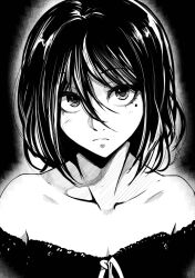 Rule 34 | 1girl, aboleuk, breasts, cleavage, collarbone, commentary, frown, greyscale, hair between eyes, highres, mole, mole under eye, monochrome, off-shoulder shirt, off shoulder, original, portrait, shirt, small breasts, solo