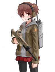 Rule 34 | 10s, 1girl, alisa (girls und panzer), brown eyes, brown hair, drawing, girls und panzer, gun, headset, highres, hood, hoodie, pantyhose, red skirt, rifle, sketch, skirt, solo, tacch, weapon, weapon request, white background