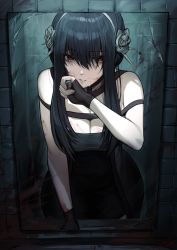 Rule 34 | 1girl, absurdres, bare shoulders, black choker, black dress, black hair, blood, blood on face, breasts, choker, cleavage, crack, cracked glass, dress, fingerless gloves, flower, gloves, hair between eyes, hair flower, hair ornament, hairband, highres, large breasts, long hair, looking at viewer, marse (rokudaime), mirror, red eyes, reflection, sleeveless, sleeveless dress, solo, spy x family, wiping face, yor briar