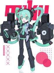 Rule 34 | 1girl, absurdres, ahoge, android, aqua eyes, aqua hair, aqua necktie, barcode, bare shoulders, black sleeves, bright pupils, cable hair, character name, cheri zao, detached sleeves, full body, hatsune miku, highres, holding, holding megaphone, joints, long hair, looking at viewer, mechanical parts, megaphone, miniskirt, necktie, number tattoo, proto miku (cheri zao), robot girl, robot joints, see-through, see-through skirt, see-through sleeves, shirt, simple background, skirt, sleeveless, sleeveless shirt, solo, standing, tattoo, very long hair, vocaloid, white background, white pupils