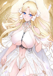 Rule 34 | 1girl, azur lane, blonde hair, blue eyes, breasts, brest (azur lane), clothing cutout, dress, feathered wings, feathers, highres, huge breasts, long dress, long hair, revealing clothes, ribbon, sai-go, see-through, see-through skirt, skirt, solo, underboob, underboob cutout, white dress, white ribbon, wings, yellow wings