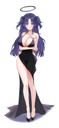 Rule 34 | 1girl, absurdres, ash (cat7evy), bare shoulders, black dress, blue archive, blush, breasts, cleavage, dress, halo, high heels, highres, jewelry, large breasts, long hair, looking at viewer, necklace, off shoulder, purple eyes, purple hair, solo, two side up, white background, yuuka (blue archive)