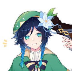 Rule 34 | 2boys, androgynous, beret, black hair, blue hair, bow, braid, brooch, cape, collared cape, collared shirt, commentary, english commentary, flower, frilled sleeves, frills, gem, genshin impact, gradient hair, green eyes, green hat, hair flower, hair ornament, hat, highres, jewelry, leaf, long sleeves, looking to the side, male focus, multicolored hair, multiple boys, notice lines, open mouth, shirt, short hair with long locks, simple background, smile, solo, solo focus, twin braids, venti (genshin impact), venti suki, white background, white flower, white shirt, zhongli (genshin impact)