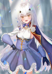 Rule 34 | 1girl, absurdres, black gloves, blue cape, blue dress, breasts, brown eyes, cape, cowboy shot, dress, melusine (fate), melusine (second ascension) (fate), fate/grand order, fate (series), forked eyebrows, frilled dress, frills, gloves, highres, ikumi (1 9 3), long hair, sidelocks, small breasts, solo, standing, white hair
