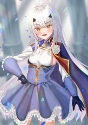 1girl absurdres black_gloves blue_cape blue_dress breasts brown_eyes cape cowboy_shot dress melusine_(fate) melusine_(second_ascension)_(fate) fate/grand_order fate_(series) forked_eyebrows frilled_dress frills gloves highres ikumi_(1_9_3) long_hair sidelocks small_breasts solo standing white_hair