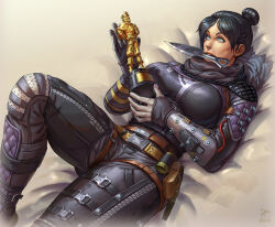 Rule 34 | 1girl, apex legends, belt, black bodysuit, black gloves, black hair, black scarf, blue eyes, bodysuit, breasts, brown belt, commentary, commission, english commentary, gloves, hair behind ear, hair bun, holding, holding trophy, hope&#039;s dusk (apex legends), kunai, large breasts, lying, mirage (apex legends), realistic, scarf, single hair bun, solo, thigh belt, thigh strap, too much witt, trophy, v-shaped eyebrows, weapon, weapon in mouth, xevious (user mrkh2888)