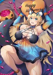 Rule 34 | 1girl, animal ears, arms up, bare shoulders, barghest (fate), biceps, blonde hair, blue camisole, blue gloves, breasts, camisole, candy, chain, cleavage, cuffs, elbow gloves, fate/grand order, fate (series), food, gloves, gradient clothes, green eyes, halloween, halloween bucket, highres, jack-o&#039;-lantern, large breasts, long hair, looking at viewer, muscular, muscular female, nakaga eri, open mouth, orange camisole, orange gloves, shackles, smile, solo, tail, thick thighs, thighs, wolf ears, wolf tail