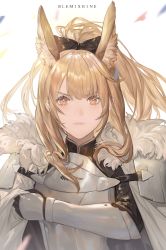 Rule 34 | 1girl, absurdres, animal ears, arknights, armor, bingansuan jiamouren, black bow, blemishine (arknights), blonde hair, bow, character name, extra ears, fur-trimmed armor, fur trim, gauntlets, hair bow, hand up, highres, horse ears, kingdom of kazimierz logo, long hair, looking at viewer, orange eyes, pauldrons, ponytail, shoulder armor, sidelocks, solo, straight-on, upper body, v-shaped eyebrows
