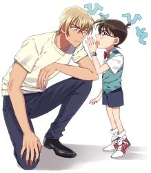 Rule 34 | 2boys, amuro tooru, arm at side, black-framed eyewear, black footwear, blonde hair, blue eyes, blue pants, blue shorts, blue vest, bow, bowtie, brown hair, child, closed mouth, collared shirt, commentary request, edogawa conan, fingernails, full body, glasses, hair between eyes, hand up, k (gear labo), looking at another, male focus, meitantei conan, multiple boys, on one knee, open mouth, pants, red bow, red neckwear, serious, shadow, shirt, shoes, short hair, short sleeves, shorts, sneakers, socks, standing, teeth, tiptoes, upper teeth only, vest, watch, whispering, white legwear, white shirt, wristwatch