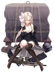 Rule 34 | 1girl, absurdres, assault rifle, aug (girls&#039; frontline), bare shoulders, black thighhighs, boots, breasts, bullpup, collarbone, commentary, cross, cross necklace, flower, full body, girls&#039; frontline, gun, hair between eyes, hair flower, hair ornament, hair ribbon, herol, high heel boots, high heels, highres, jewelry, long hair, looking at viewer, medium breasts, necklace, one eye closed, orange eyes, ribbon, rifle, sitting, solo, steyr aug, thighhighs, weapon