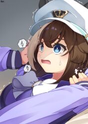 Rule 34 | 1girl, absurdres, admire vega (umamusume), animal ears, breasts, brown hair, cheval grand (umamusume), commentary request, crying, crying with eyes open, grey background, grey hair, hair between eyes, hair ornament, hat, hibiki (zerocodo), highres, horse ears, horse girl, medium breasts, medium hair, open mouth, ribbon, school uniform, solo focus, tears, tracen school uniform, translation request, umamusume, you gonna get raped