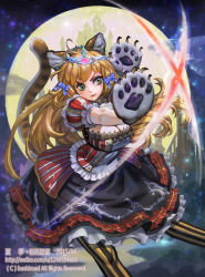 Rule 34 | 1girl, animal ears, animal hands, blonde hair, bow, braid, breasts, cardfight!! vanguard, cat ears, cat paws, cat tail, cleavage, company name, dated, dress, full body, green eyes, long hair, moon, night, night sky, official art, pantyhose, puff and slash sleeves, puffy sleeves, silver thorn assistant dixie, sky, solo, sparkle, tail, tiara, xiaji