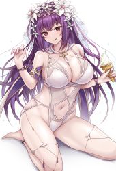 Rule 34 | 1girl, :q, arm strap, bare shoulders, barefoot, bead bracelet, beads, between breasts, bracelet, breast focus, breasts, cleavage, closed mouth, clothing cutout, fate/grand order, fate (series), flower, food, hair flower, hair ornament, hands up, highleg, highleg swimsuit, highres, holding, holding food, holding ice cream, ice cream, ice cream cone, jewelry, large breasts, long hair, navel, one-piece swimsuit, presenting, purple hair, r-binon, red eyes, revealing clothes, scathach (fate), scathach skadi (fate), scathach skadi (swimsuit ruler) (fate), scathach skadi (swimsuit ruler) (third ascension) (fate), see-through, simple background, sitting, solo, swimsuit, thick thighs, thighs, tongue, tongue out, veil, white background, white flower, white one-piece swimsuit