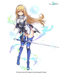 Rule 34 | 1girl, absurdres, aiz wallenstein, aiz wallenstein (cosplay), armor, black gloves, blonde hair, blue footwear, boots, breastplate, clothing cutout, cosplay, crossover, dress, dungeon ni deai wo motomeru no wa machigatteiru darou ka, elbow gloves, faulds, floating hair, full body, gloves, haru estia, headdress, highres, holding, holding sword, holding weapon, kyjsogom, leaning forward, long hair, looking at viewer, official art, orange eyes, parted lips, pauldrons, pelvic curtain, shoulder armor, side cutout, sleeveless, sleeveless dress, solo, soulworker, sword, thigh boots, thighhighs, thighs, vambraces, weapon, white dress