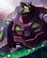 Rule 34 | 1boy, android, bridge, closed mouth, cloud, cloudy sky, commentary request, forehead jewel, grass, green eyes, lightning, looking to the side, male focus, mega man (series), mega man x6, mega man x (series), napo, outdoors, rain, rainy turtloid (mega man), sky, solo, turtle shell
