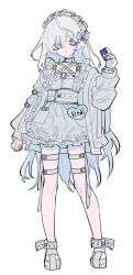 Rule 34 | 1girl, bad id, bad twitter id, blue bow, blue eyes, bow, closed mouth, dress, frilled dress, frills, frown, full body, grey dress, grey hair, grey jacket, hair between eyes, hand up, heart, highres, holding, inochi memo (oosawagidays), jacket, long hair, long sleeves, maid headdress, name tag, open clothes, open jacket, original, shoes, simple background, solo, standing, thigh strap, very long hair, white background