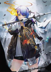 Rule 34 | 1girl, absurdres, arknights, asymmetrical gloves, blue eyes, blue hair, cowboy shot, dual wielding, gloves, halo, highres, holding, hood, hooded jacket, horns, jacket, long hair, mismatched gloves, monge baby, mostima (arknights), shorts, smile, solo, staff, tail