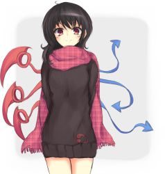 Rule 34 | 1girl, akisa, alternate costume, asymmetrical wings, bad id, bad pixiv id, black hair, contemporary, dress, female focus, houjuu nue, plaid, plaid scarf, red eyes, scarf, short hair, simple background, solo, sweater, sweater dress, thighs, touhou, wings