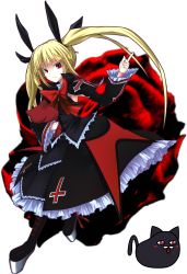 Rule 34 | 1girl, absurdres, arc system works, armpits, bad id, bad pixiv id, blazblue, blonde hair, boots, bow, cross, frills, gii, gothic lolita, hair bow, high heels, highres, inverted cross, lolita fashion, long hair, nago, platform footwear, rachel alucard, red eyes, reon (wildkuma), shoes, slit pupils, solo, transparent background, twintails, very long hair