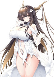 Rule 34 | 1girl, absurdres, antlers, azur lane, breasts, brown eyes, brown hair, cameltoe, cleavage, closed mouth, commentary request, detached collar, detached sleeves, dress, flower, hair between eyes, hair flower, hair ornament, highres, horns, huge breasts, indomitable (azur lane), long hair, looking at viewer, raranokusu, revealing clothes, sidelocks, simple background, smile, standing, thighs, very long hair, white background, white dress