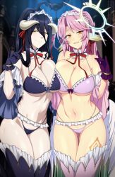 Rule 34 | 2girls, albedo (overlord), angel wings, arm tattoo, asymmetrical docking, bare shoulders, bikini, black hair, black wings, blurry, blurry background, breast press, breasts, cleavage, closed mouth, collar, collarbone, commentary, commission, spiked halo, crossover, demon girl, demon horns, detached sleeves, english commentary, feathered wings, frilled bikini, frills, gloves, gluteal fold, gradient hair, green hair, grey horns, groin, hair ribbon, halo, hand up, high ponytail, highleg, highleg bikini, highres, horns, jibril (no game no life), large breasts, leg tattoo, lindaroze, long hair, looking at viewer, low wings, multicolored hair, multiple girls, navel, neck ribbon, no game no life, overlord (maruyama), paid reward available, parted bangs, pink bikini, pink hair, red ribbon, ribbon, slit pupils, swimsuit, tattoo, thigh gap, thighhighs, thighs, twitter username, underboob, very long hair, watermark, web address, white wings, wide sleeves, wings, yellow eyes