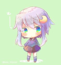 Rule 34 | 1girl, black skirt, blue eyes, blue hair, blue shirt, blue socks, blush, brown footwear, chibi, closed mouth, commentary request, crescent, crescent hair ornament, full body, green background, hair between eyes, hair ornament, head tilt, kantai collection, kneehighs, kou hiyoyo, long hair, long sleeves, looking at viewer, pleated skirt, shirt, short hair with long locks, skirt, socks, solo, standing, sweat, translation request, twitter username, yayoi (kancolle)