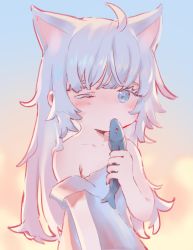Rule 34 | 1girl, ahoge, animal ears, bare arms, bare shoulders, blue dress, blue eyes, blush, cat ears, collarbone, colored eyelashes, covered mouth, dress, grey hair, highres, holding, holding stuffed toy, long hair, one eye closed, original, sha2mo, sleeveless, sleeveless dress, solo, strap slip, stuffed animal, stuffed fish, stuffed toy