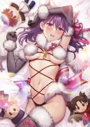 Rule 34 | 1girl, alternate color, animal ears, blush, breasts, character doll, cosplay, elbow gloves, emiya shirou, fate/grand order, fate (series), fur-trimmed gloves, fur-trimmed legwear, fur collar, fur trim, gloves, hair ribbon, halloween costume, highres, illyasviel von einzbern, kurono kito, long hair, lying, mash kyrielight, mash kyrielight (dangerous beast), mash kyrielight (dangerous beast) (cosplay), matou sakura, medium breasts, navel, o-ring, o-ring top, official alternate costume, on back, purple eyes, purple hair, revealing clothes, ribbon, solo, tail, tohsaka rin, wolf ears, wolf tail