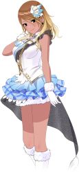Rule 34 | 1girl, black eyes, blonde hair, brown hair, dark skin, dress, earrings, frilled dress, frills, fur trim, gloves, hair ornament, idol, idol clothes, idolmaster, idolmaster shiny colors, idolmaster shiny colors song for prism, izumi mei, jewelry, multicolored hair, official art, solo, transparent background