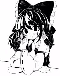 Rule 34 | 1girl, ascot, bare shoulders, bow, collar, detached sleeves, elbows on table, greyscale, hair bow, hair tubes, hakurei reimu, hanokami, head rest, high contrast, highres, japanese clothes, long hair, looking at viewer, miko, monochrome, nontraditional miko, open mouth, sidelocks, simple background, sitting, touhou, white background