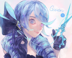 Rule 34 | 1girl, black bow, black dress, black gloves, blue eyes, bow, character name, closed mouth, dress, drill hair, gloves, gwen (league of legends), hair bow, hair ornament, hands up, holding, holding scissors, league of legends, long hair, needle, portrait, scissors, sewing needle, shibakawa, simple background, smile, solo, swept bangs, twin drills, twintails