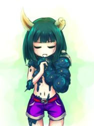Rule 34 | 1girl, 2011 sendai earthquake and tsunami, apostle ache, closed eyes, fangs, get amped, green hair, horns, midriff, monster girl, personification, praying, samael (5211), shorts, simple background, solo