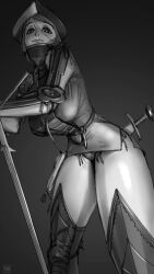 Rule 34 | 1girl, armor, bad id, bad twitter id, breastplate, breasts, closed mouth, greyscale, helmet, highres, large breasts, looking at viewer, monochrome, original, panties, smile, solo, sword, tented shirt, underwear, wass nonnam, weapon