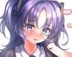 Rule 34 | 1girl, black gloves, blue archive, blue eyes, blush, collared shirt, commentary, furrowed brow, gloves, hand in own hair, hand up, heart, highres, long hair, looking at viewer, nano (blueoekaki), open mouth, portrait, purple hair, shirt, solo, sweat, two side up, wavy mouth, yuuka (blue archive)