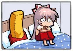 Rule 34 | 1girl, bed sheet, bow, chibi, closed mouth, commentary, fujiwara no mokou, hair between eyes, hair bow, jokanhiyou, knees, knees up, long hair, lowres, no nose, on bed, pants, pillow, pink hair, red bow, red pants, shirt, sitting, suspenders, symbol-only commentary, touhou, two-tone bow, very long hair, white bow, white shirt