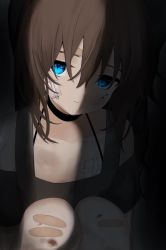 Rule 34 | 1girl, bandaid, bandaid on face, bandaid on forehead, bandaid on knee, bandaid on leg, black choker, blood, blue eyes, bruise, choker, closed mouth, dark, exe9 , expressionless, facial tattoo, female focus, flat chest, highres, indie virtual youtuber, injury, jitome, looking at viewer, medium hair, messy hair, solo, tattoo, virtual youtuber