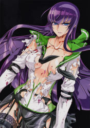 Rule 34 | 1girl, absurdres, blood, blue eyes, breasts, busujima saeko, cleavage, elbow pads, garter belt, highres, highschool of the dead, lace, lace-trimmed legwear, lace trim, large breasts, lingerie, long hair, no bra, official art, purple hair, satou shouji, scan, school uniform, skirt, smile, solo, thighhighs, torn clothes, underwear