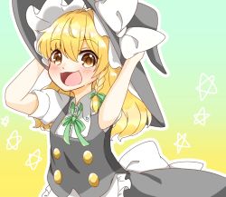 Rule 34 | 1girl, :3, :d, apron, blonde hair, blush, bow, braid, brown eyes, buttons, collared shirt, gradient background, hands on headwear, hat, hat bow, kirisame marisa, large bow, long hair, looking at viewer, natsune ilasuto, neck ribbon, open mouth, puffy short sleeves, puffy sleeves, ribbon, shirt, short sleeves, side braid, simple background, single braid, skirt, skirt set, smile, solo, star (symbol), touhou, vest, waist apron, wavy mouth, witch hat