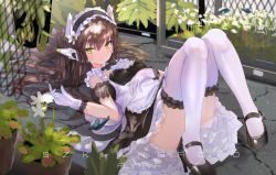 Rule 34 | 1girl, artist name, black footwear, breasts, brown hair, bug, butterfly, dress, flower, gloves, green eyes, headgear, high heels, highres, insect, long hair, looking at viewer, lying, maid, maid headdress, mary janes, on back, original, shoes, small breasts, solo, szk (sonzaikannai), thighhighs, tsurime, white gloves, white thighhighs